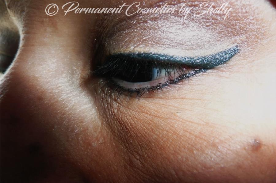 Permanent Eyeliner Tattoo with Upper Lid Accent Lines in Cream and Off Black Colors